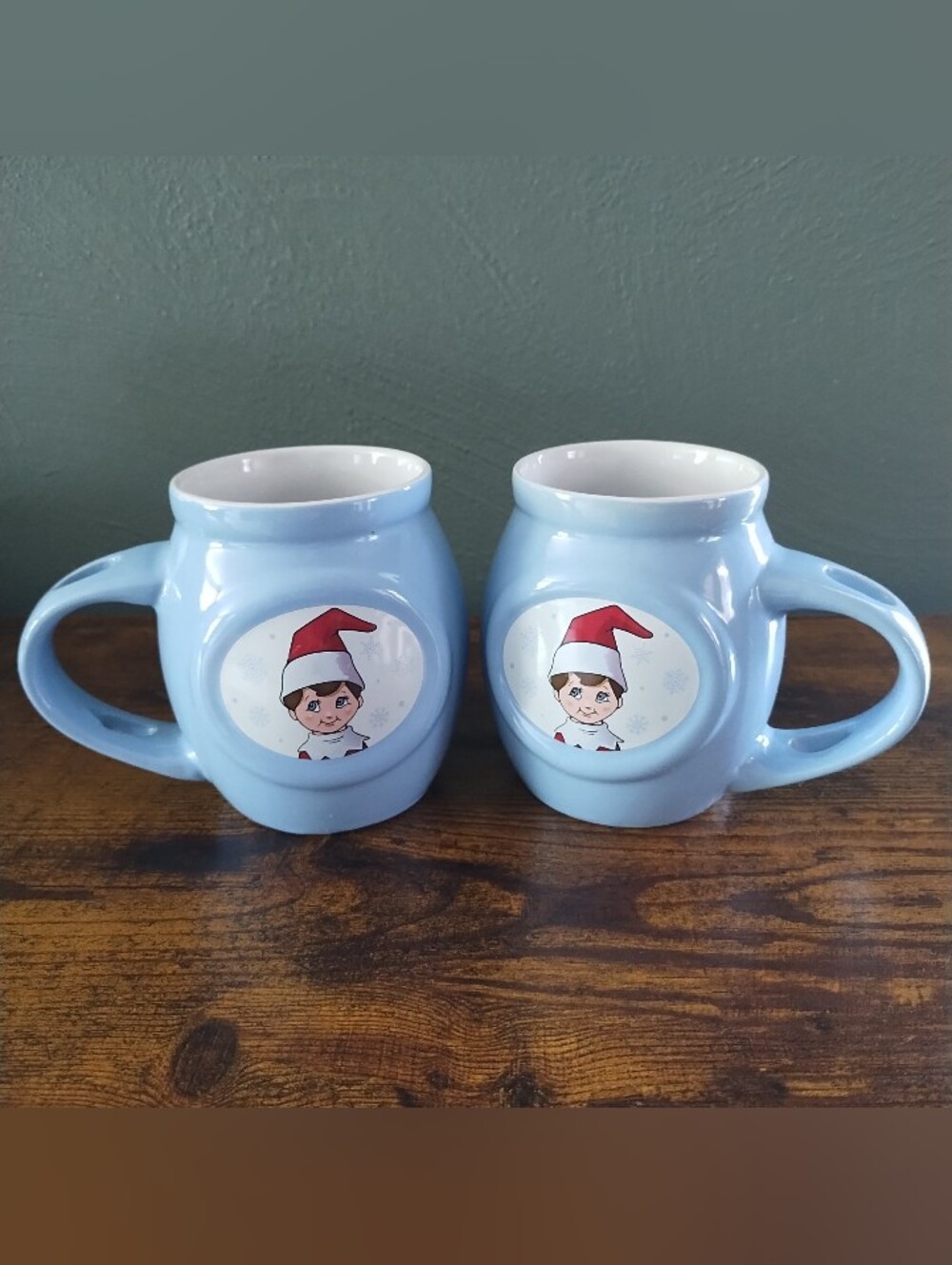 Elf On The Shelf Coffee Hot Chocolate Mugs Cups (2) Light Blue Christmas Holiday